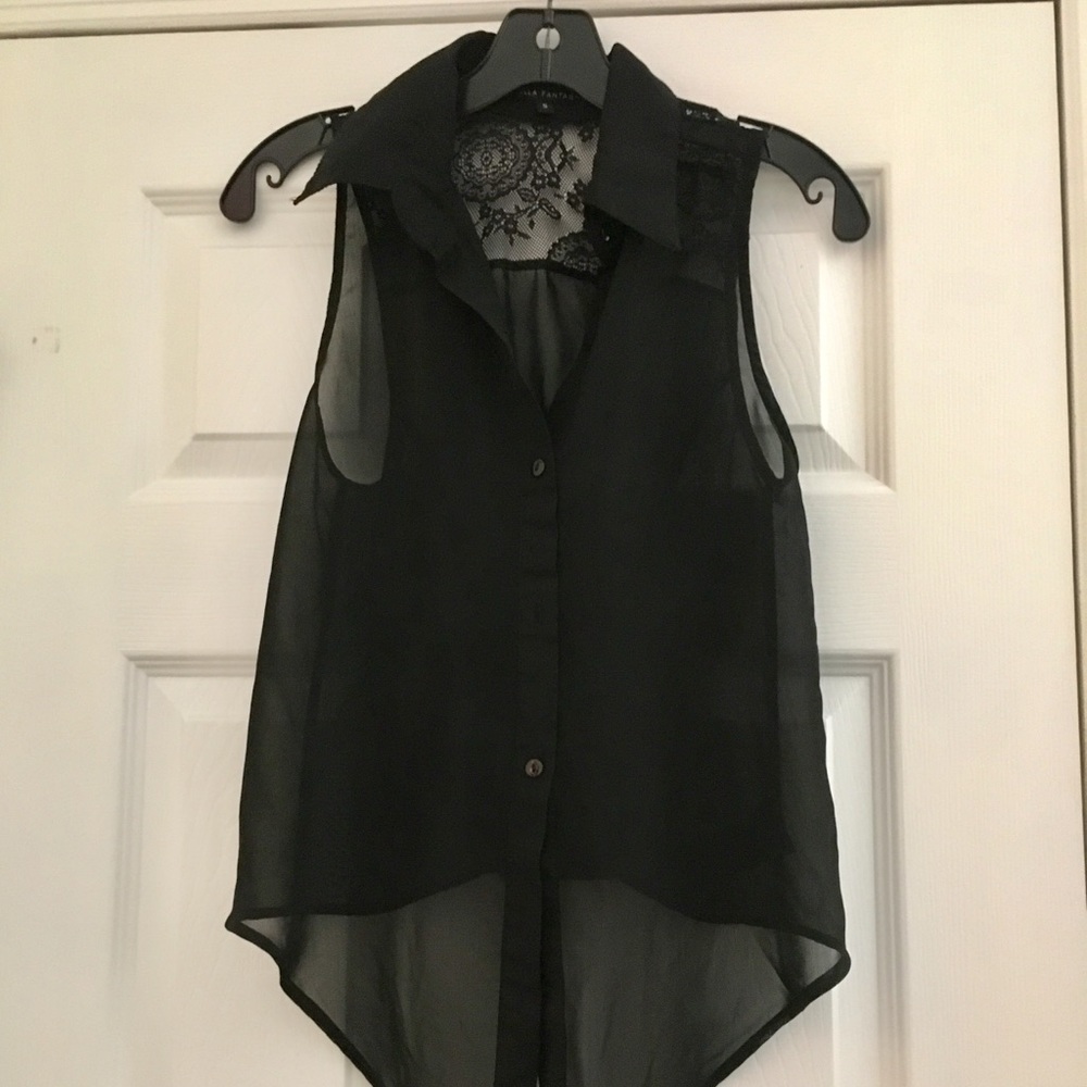 Sleeveless Black Collared Button Up Lace Back